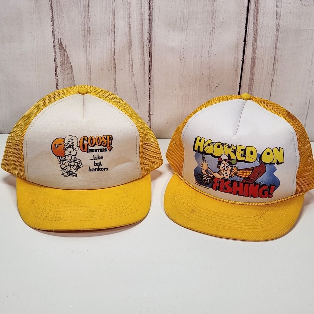 2 Vintage Fishing & Goose Hunting Trucker Yellow Hat Snapback - Novelty Caps